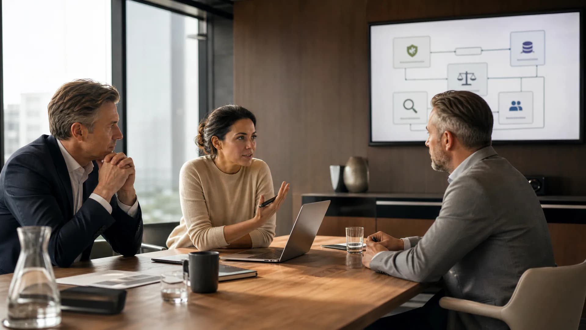 Directie en AI-team bespreken AI-governance en meetbare waarde in een zakelijke setting.