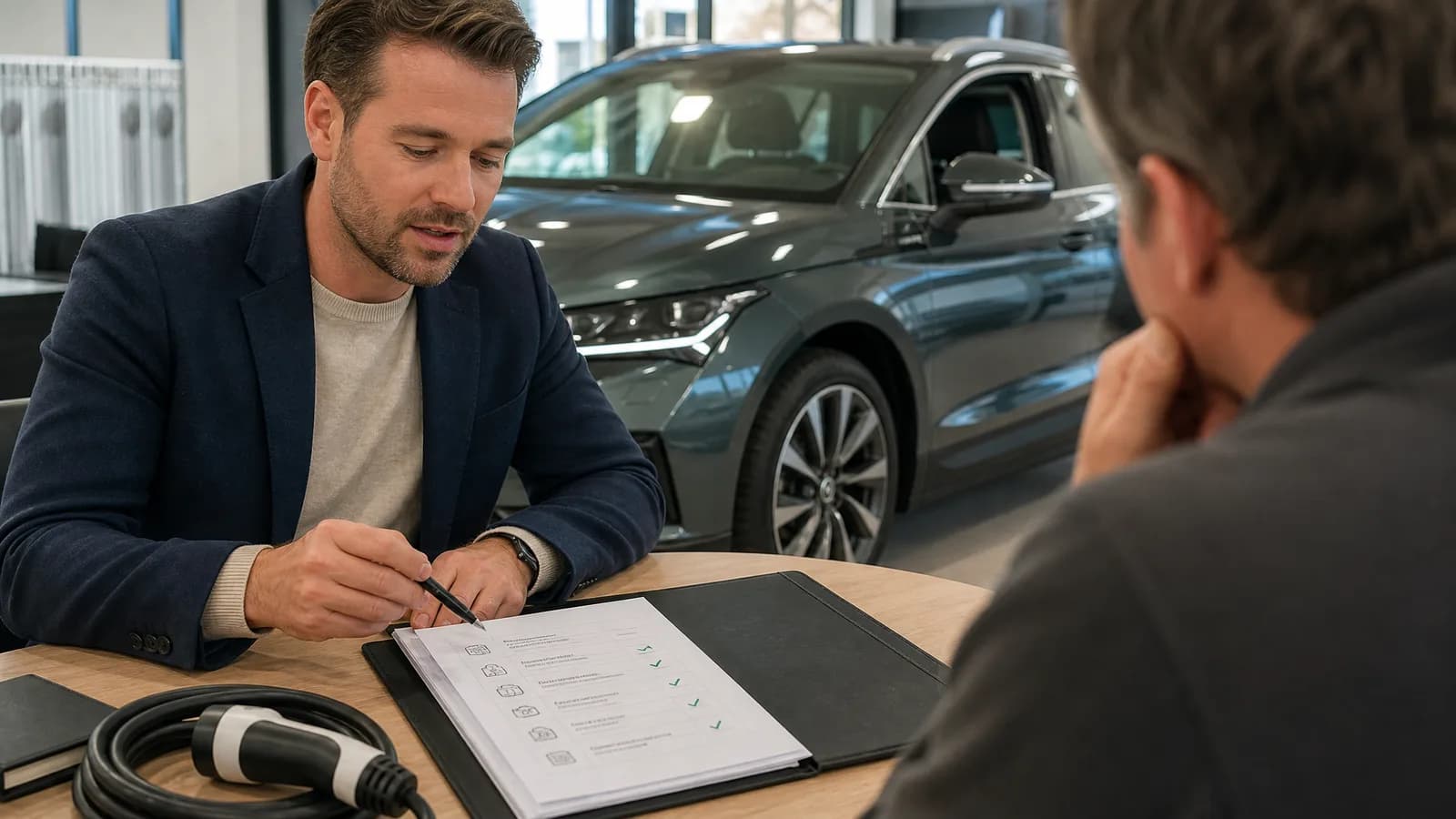 Verkoper neemt een EV-occasiondossier met accucontrole door