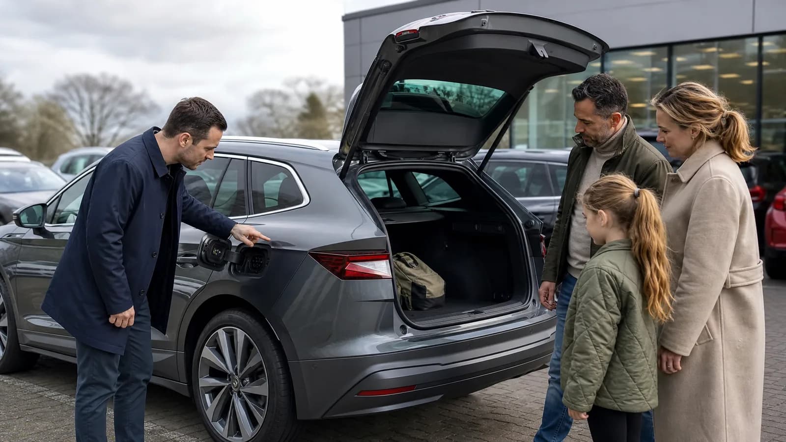 Gezin bekijkt laadpoort en bagageruimte tijdens proefrit met elektrische occasion