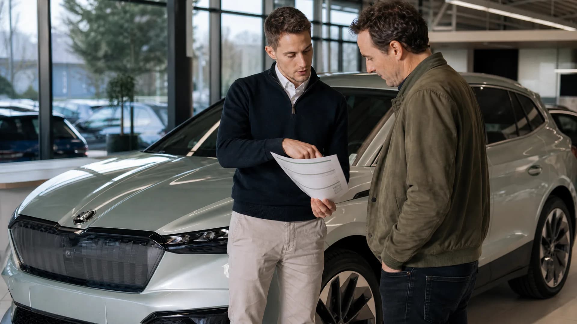 Occasiondealer bespreekt de accuchek van een Skoda Enyaq iV met een klant in de showroom
