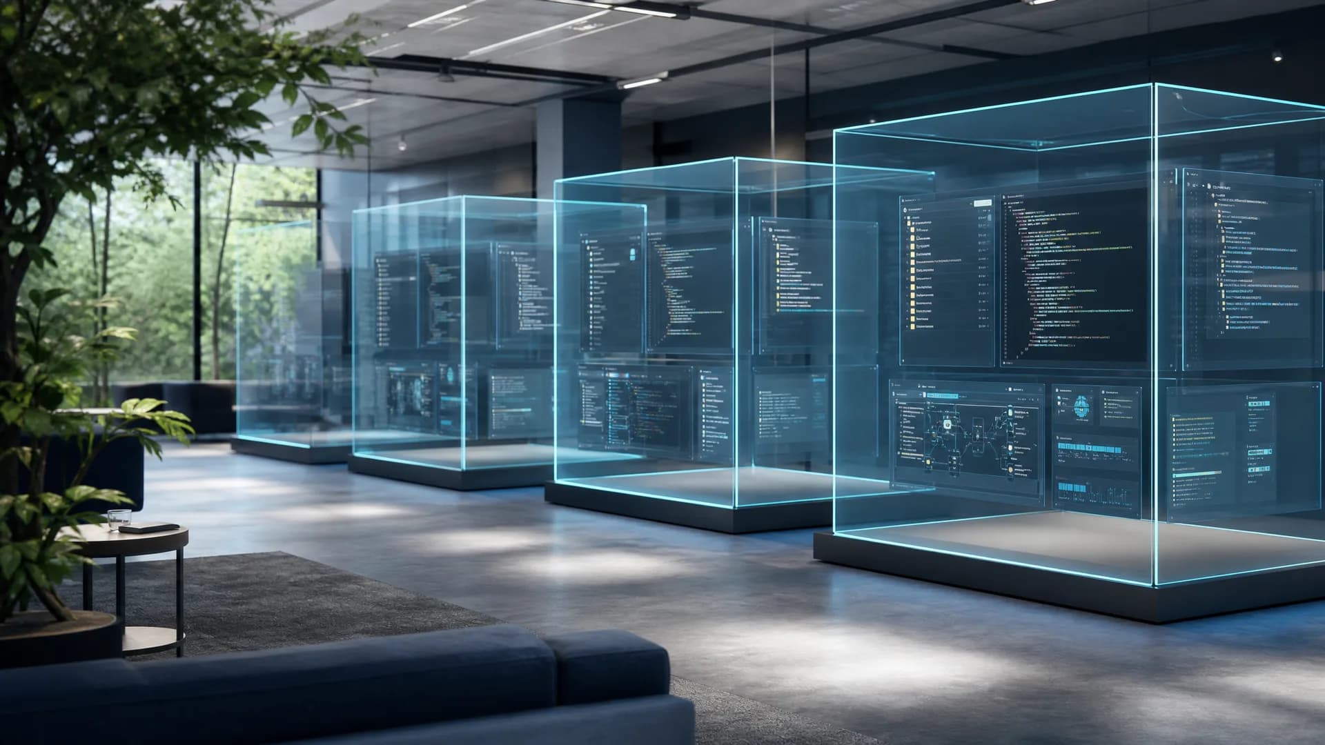 Visualisatie van geïsoleerde werkomgevingen voor AI-agents met code, bestanden en controlepanelen.