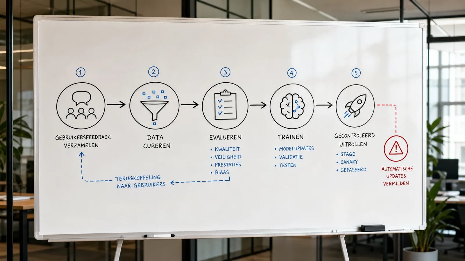 Whiteboarddiagram van continual learning met data-curatie, evaluatie en gecontroleerde uitrol