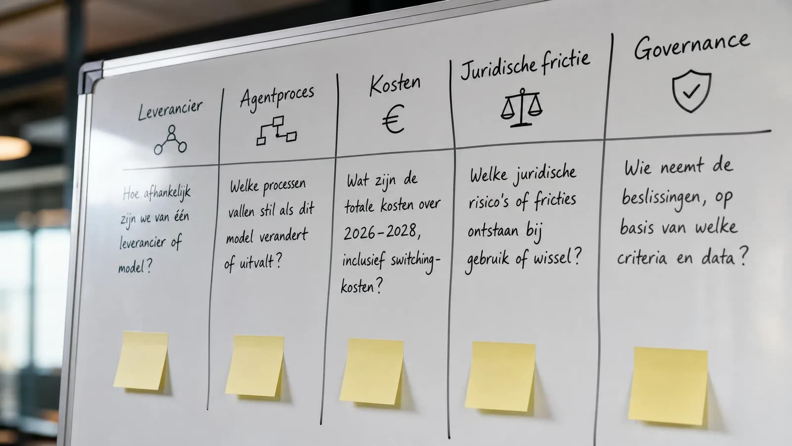 Whiteboard met vijf beslisvragen voor een AI-roadmap.
