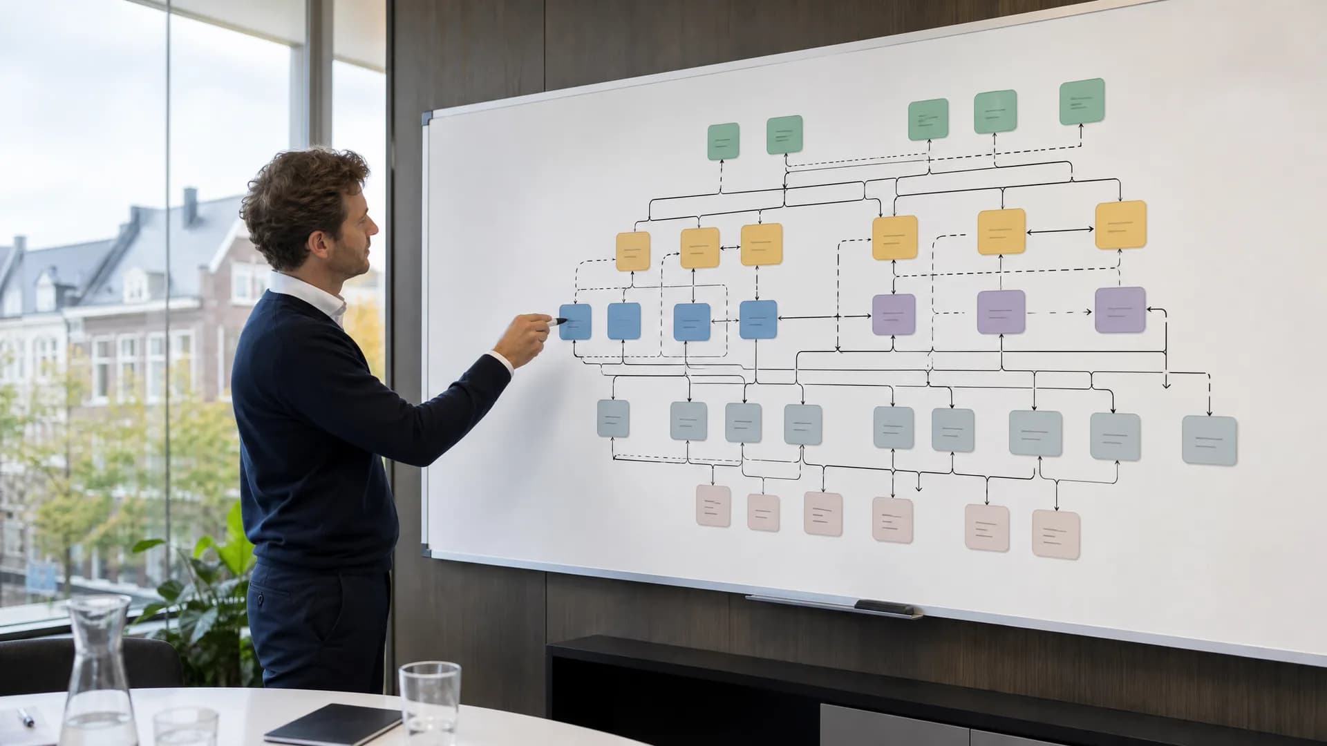 AI-roadmap als afhankelijkhedenkaart met providers, agents, compute en governance.