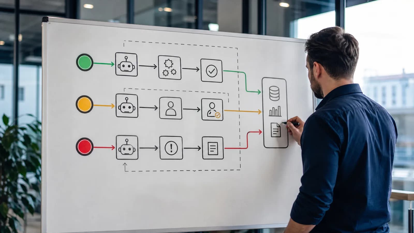 Agent-workflow met controles voor automatische acties, goedkeuring en logging.