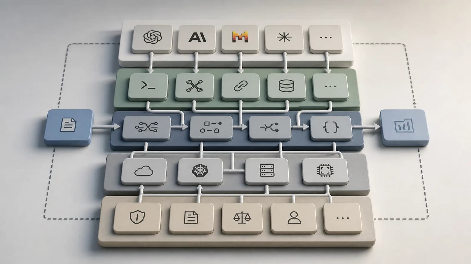 Architectuurvisual van een AI-product met vervangbare afhankelijkheden.