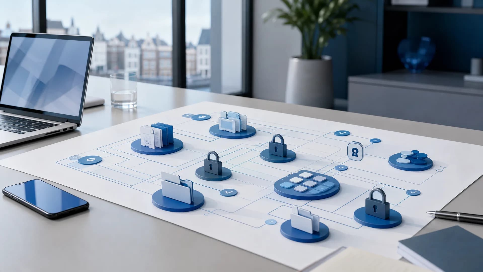 AI-roadmap met werklaag, apps, data, permissies en controlepunten