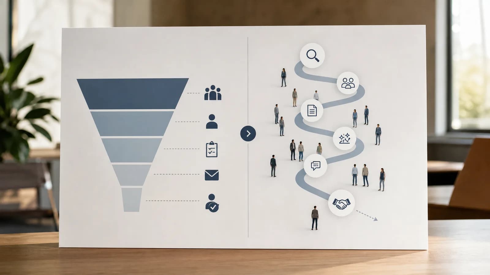 Vergelijking tussen klassieke MQL-funnel en moderne anonieme B2B-koopreis.