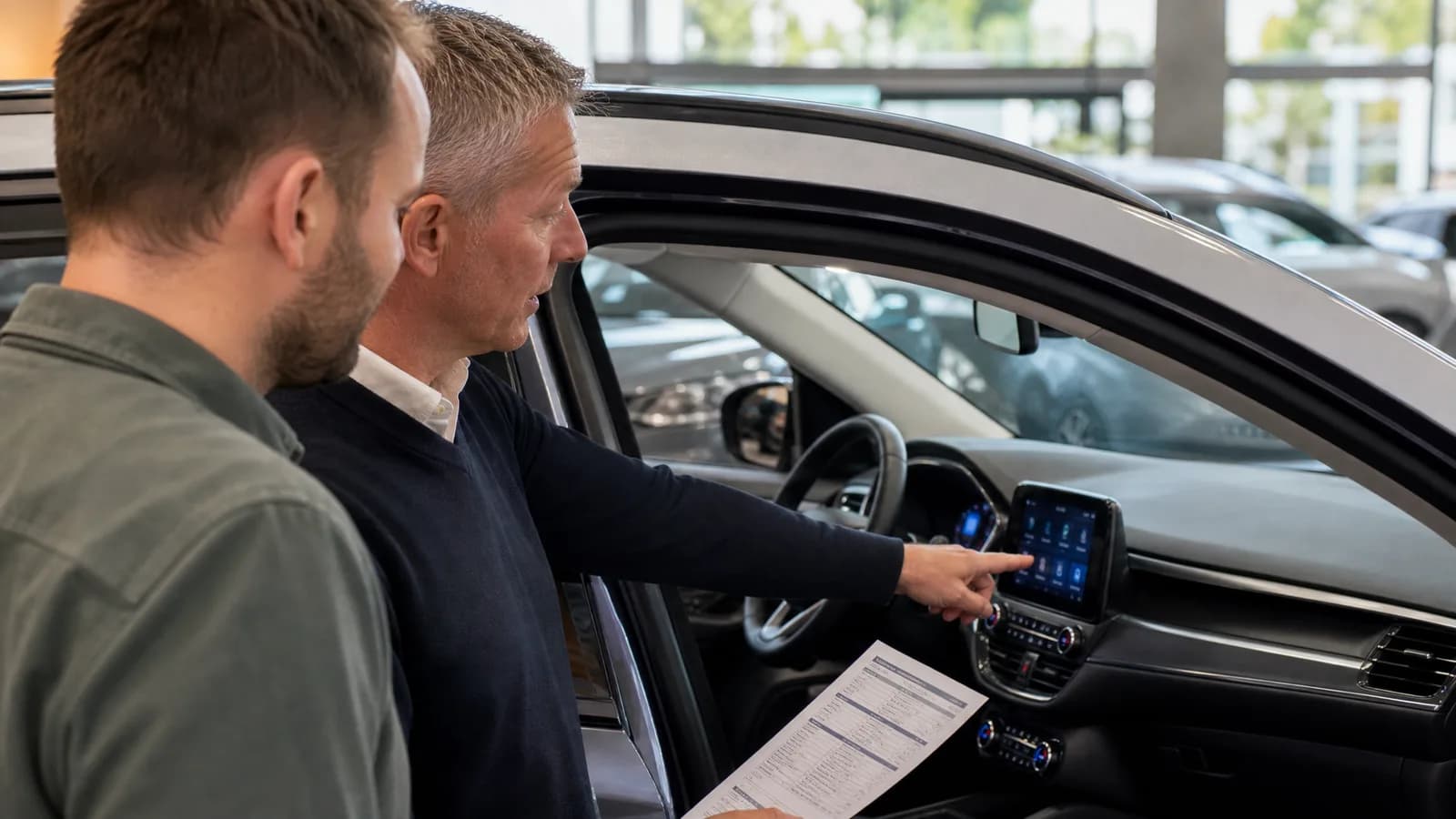 Verkoper legt infotainment en uitrusting uit bij een gebruikte SUV