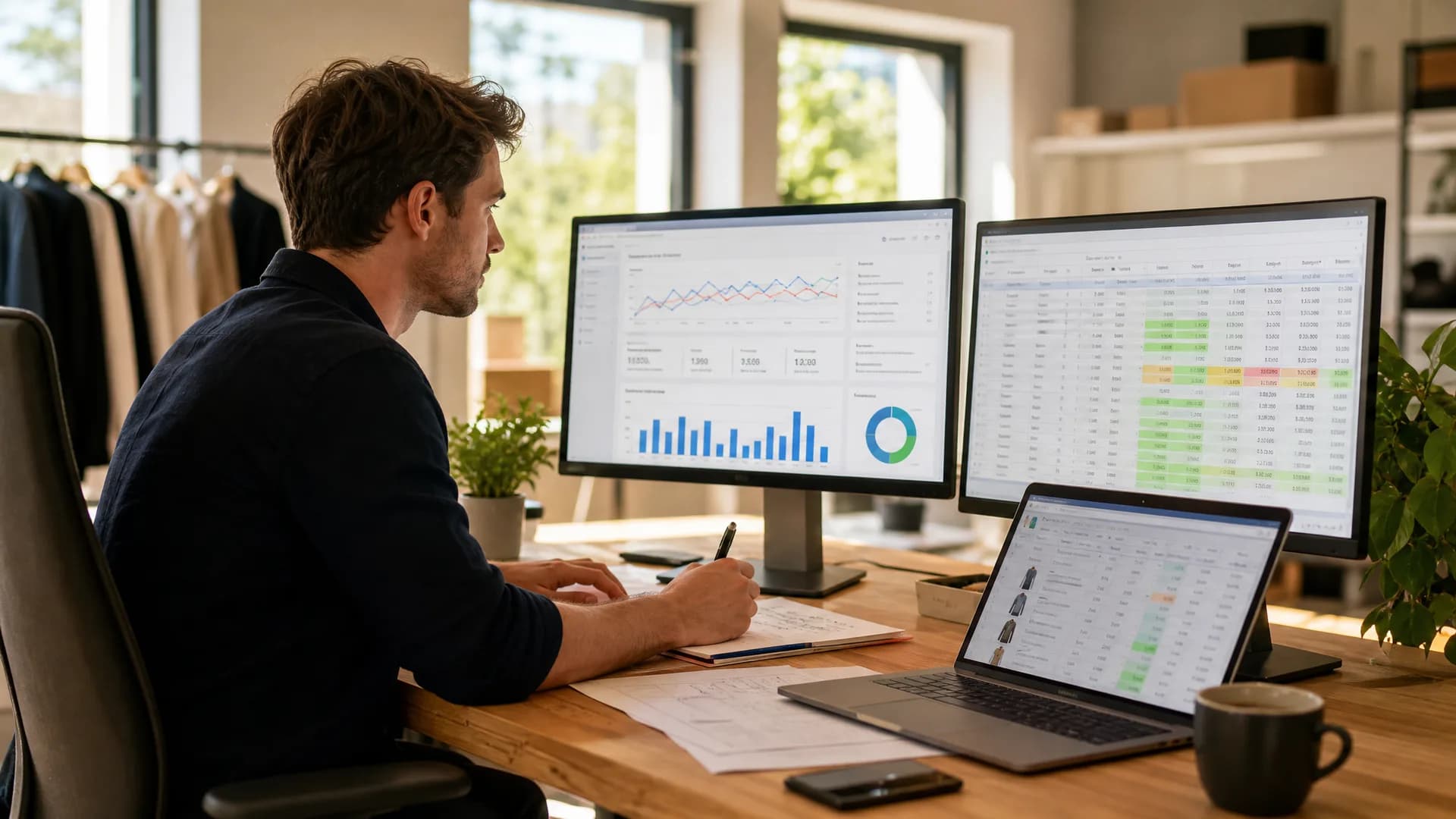 E-commerce marketeer analyseert Google Ads data, marges en voorraad voordat campagnes worden opgeschaald