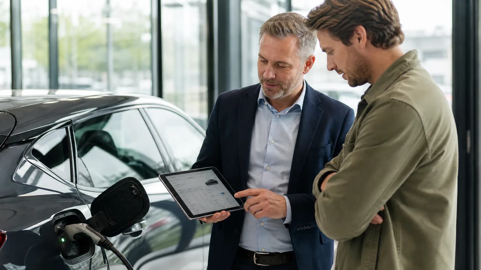 Verkoopadviseur legt laadinfo van een EV-occasion uit aan klant