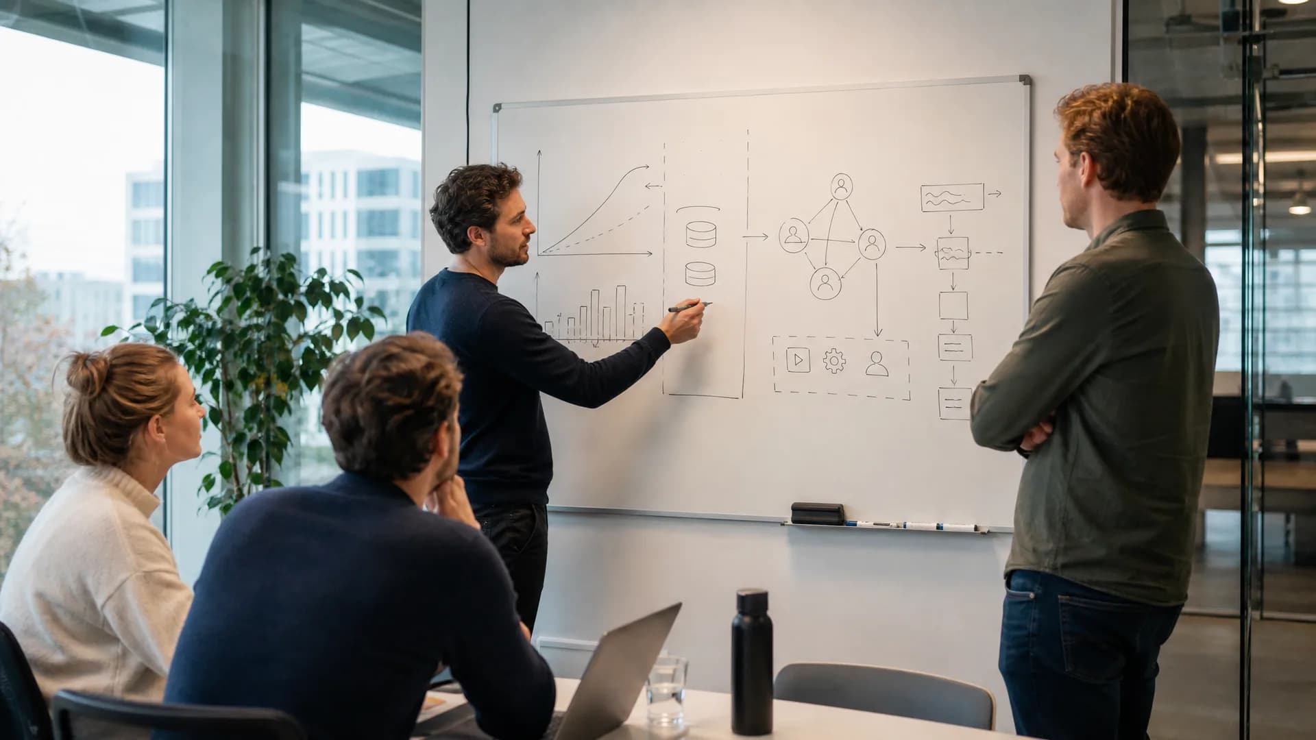 AI-team bespreekt budgetten, inferencekosten en agentworkflows op een whiteboard.