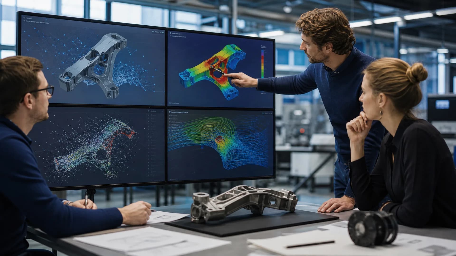 Engineeringteam bekijkt een 3D ontwerp met AI-voorspellingen en simulatiegegevens