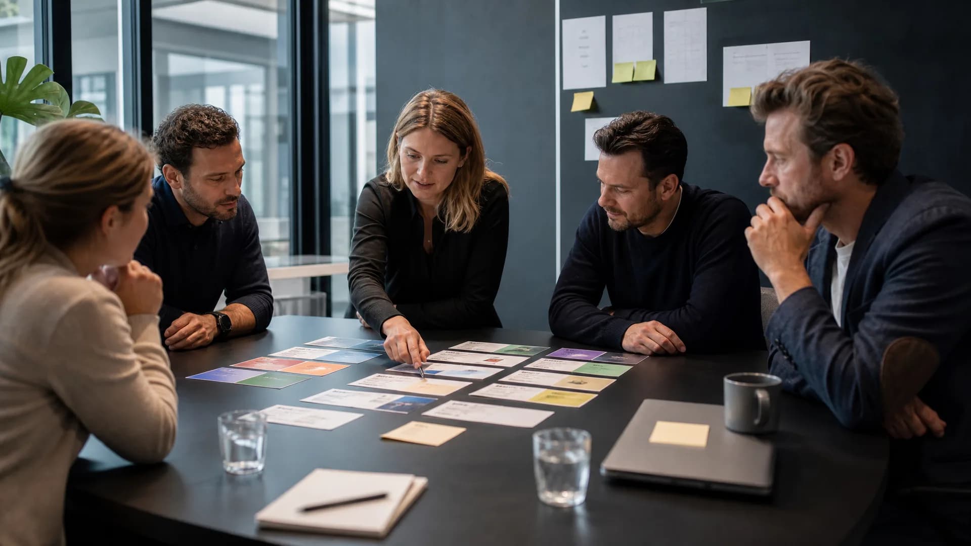 B2B-marketingteam beoordeelt verschillende marketingplays aan een strategietafel.