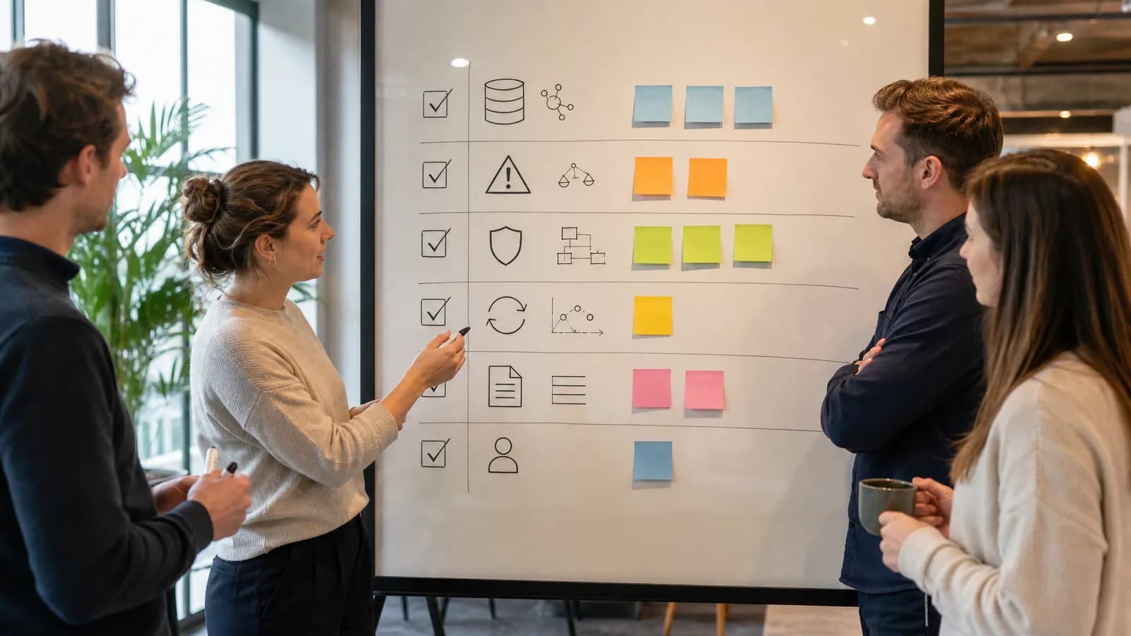 Whiteboard met checklist voor AI-modelgovernance en regressietests