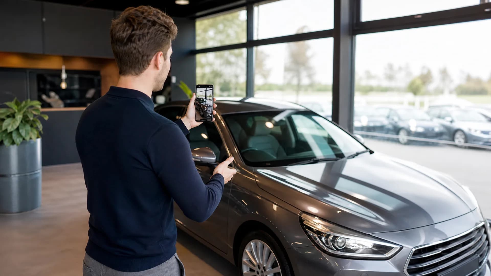 Occasionverkoper neemt met smartphone een korte verkoopvideo op bij een gebruikte auto
