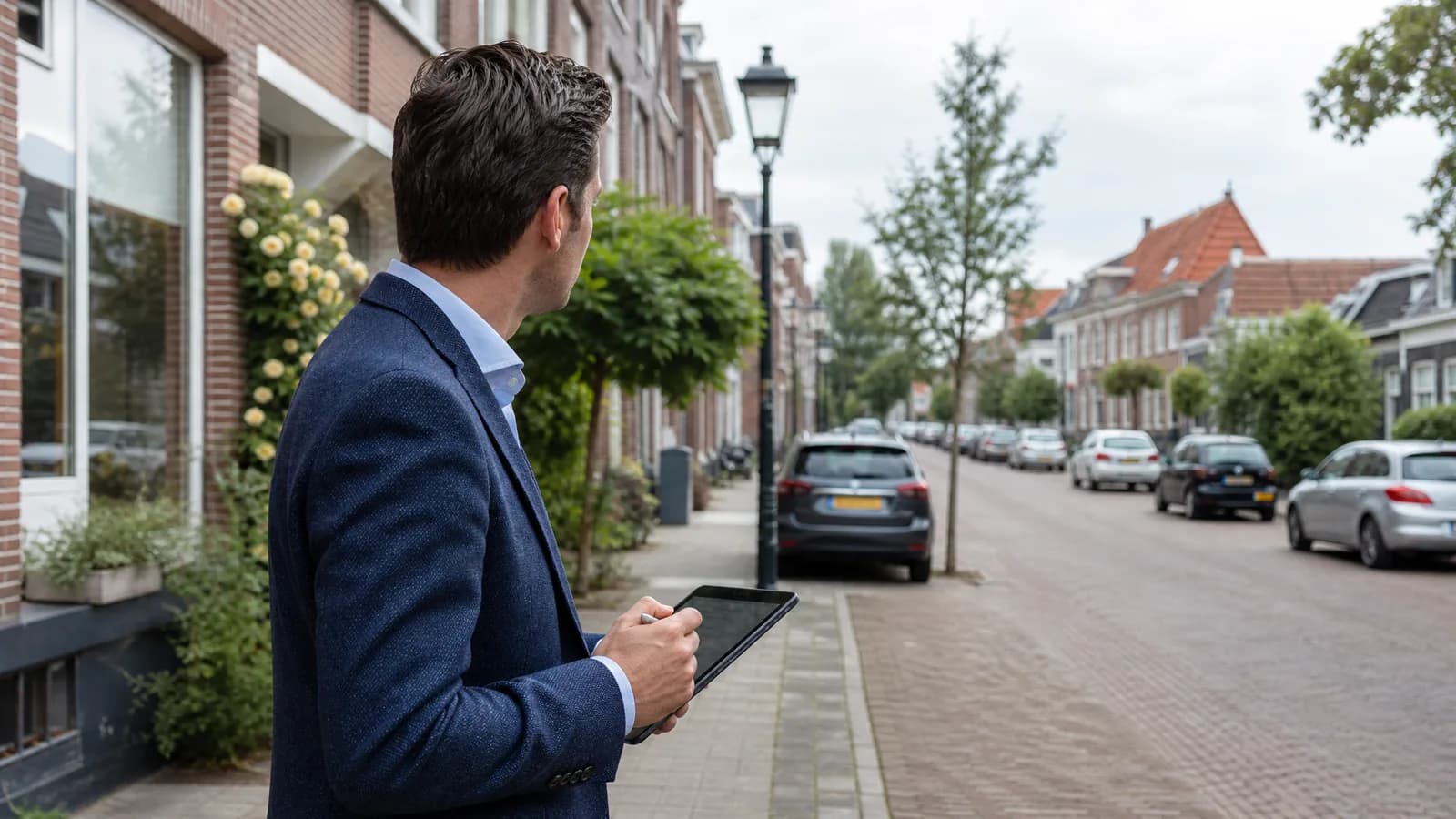 Makelaar controleert straatbeeld en omgeving tijdens een bezichtiging