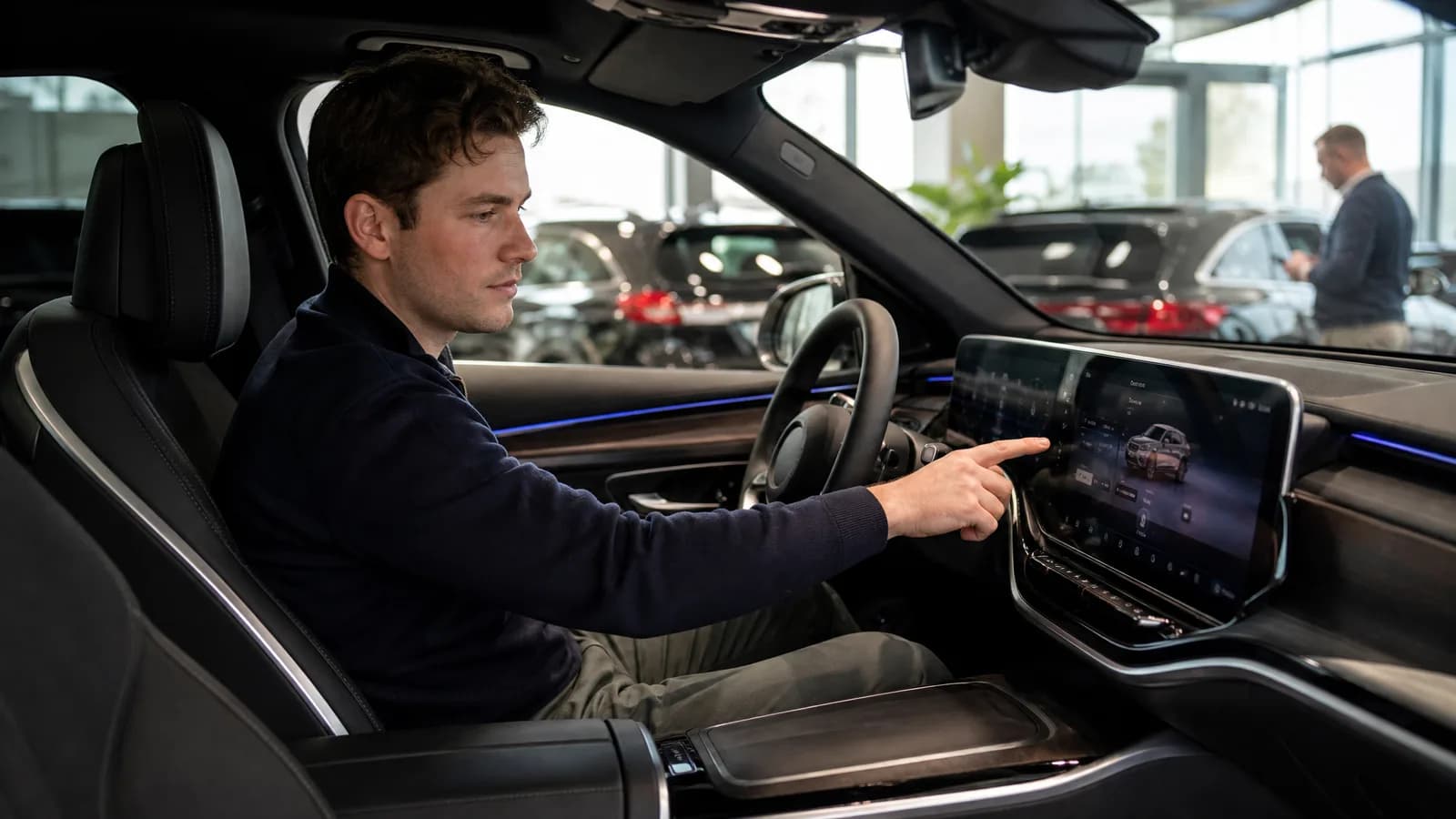 Klant beoordeelt interieur en schermbeleving van een jonge EV occasion