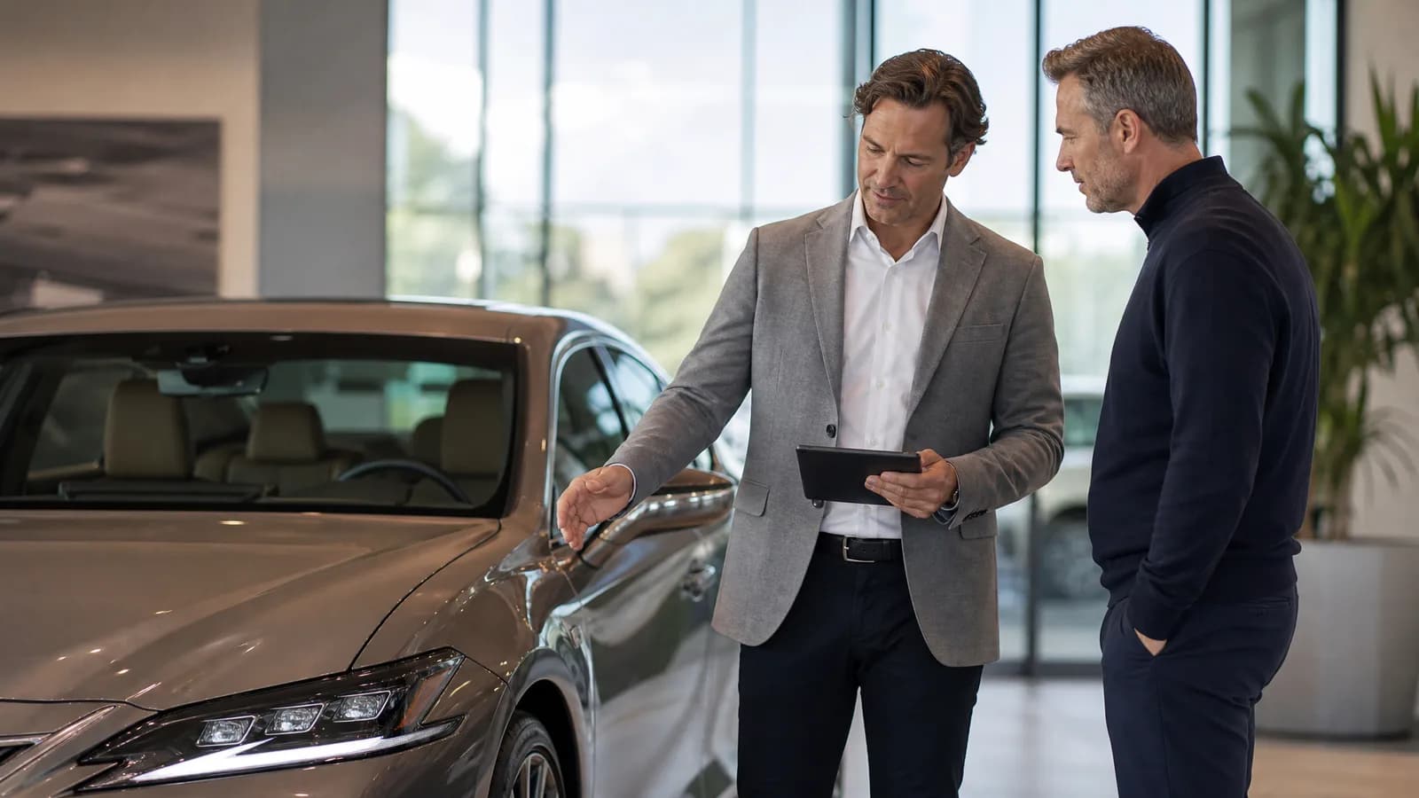 Showroomgesprek over aandrijving, batterijstatus en gebruiksprofiel bij een premium occasion