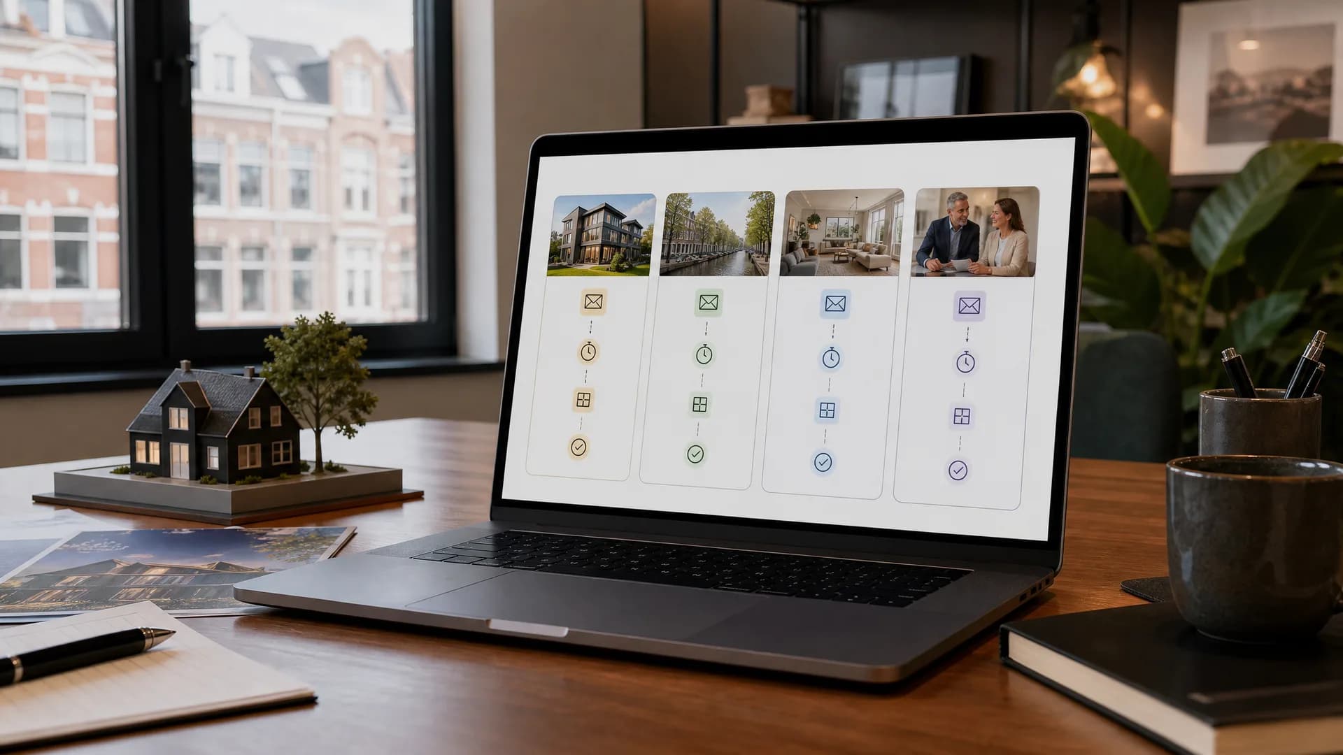Makelaarsdashboard met vier e-mailflows voor vastgoedmailing
