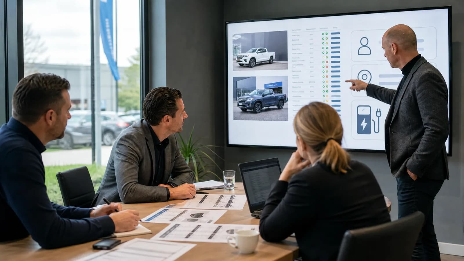 Dealerteam bespreekt rationele inkoopcriteria voor elektrische nichemodellen.