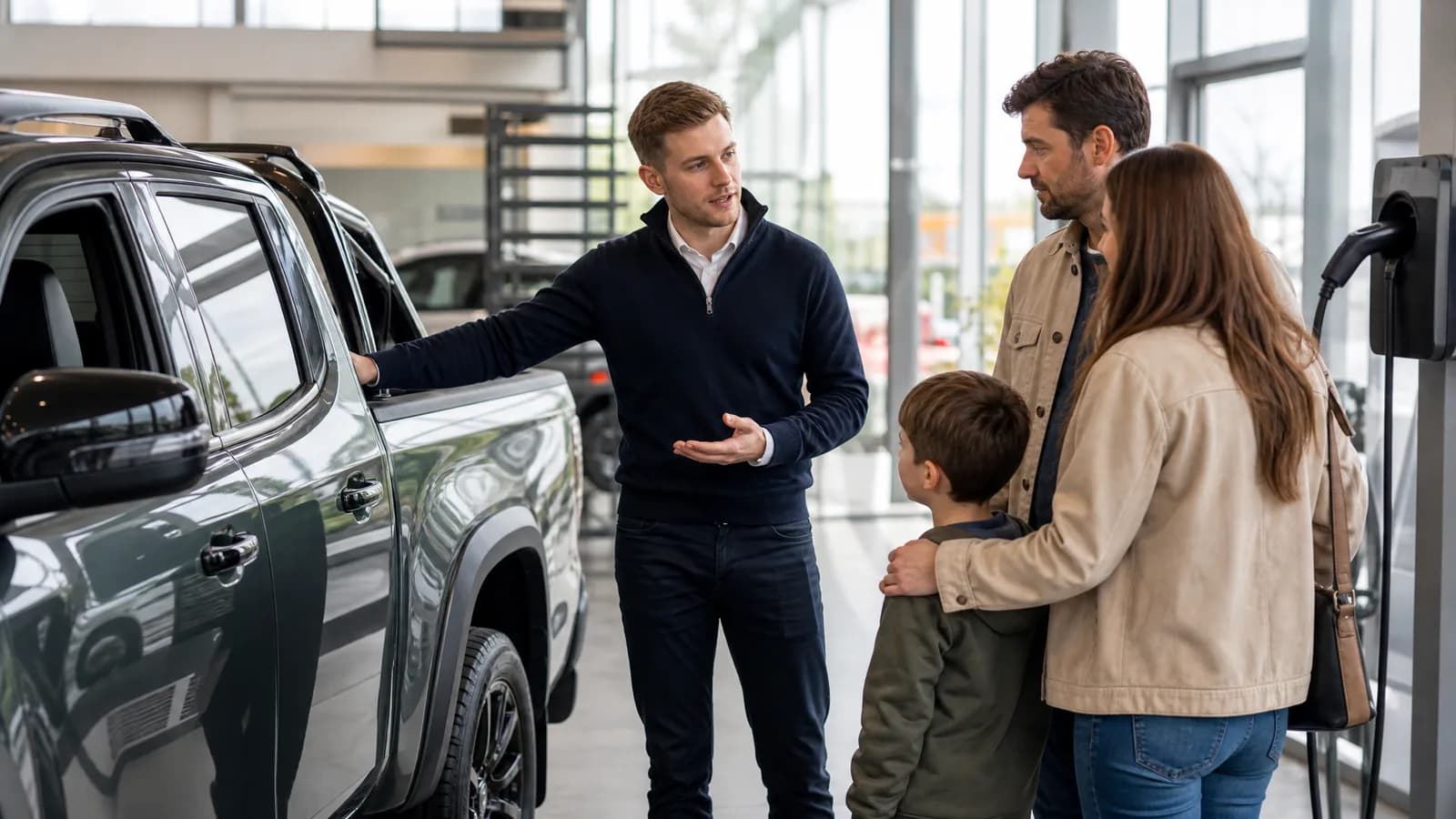 Verkoper bespreekt de gebruikscase van een grote elektrische EV met particuliere kopers.