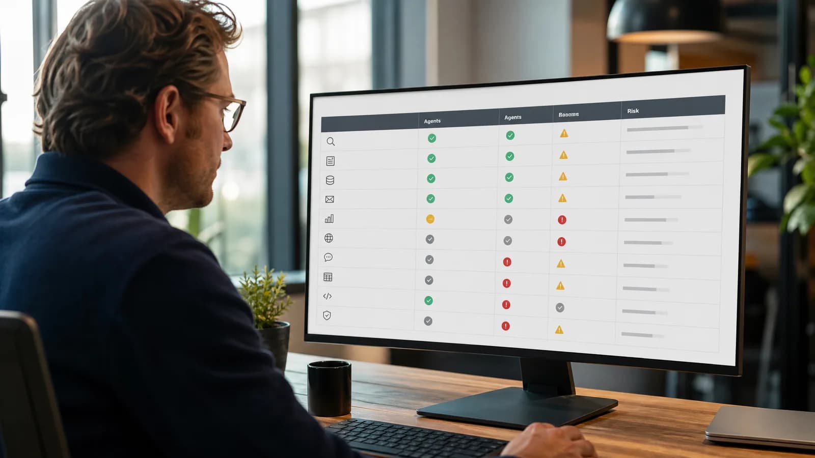 Audit-tabel waarin AI-agent tools worden beoordeeld op noodzaak en risico.