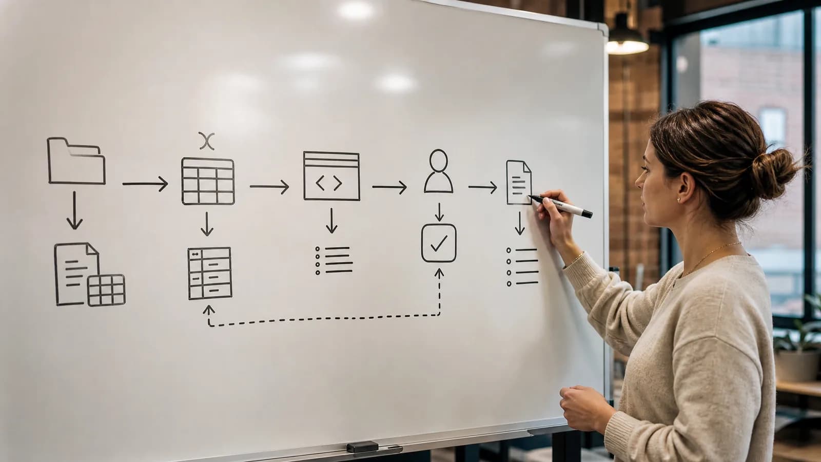 Workflow van een cowork-achtige AI-assistent met menselijke goedkeuring en logging.