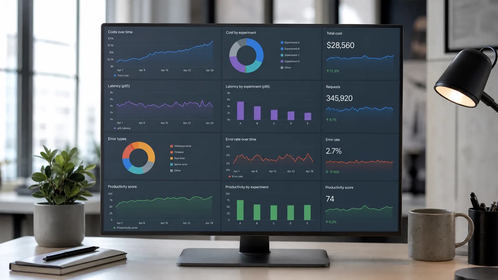 Dashboard voor het meten van kosten, latency, fouttypes en productiviteit bij AI-experimenten.
