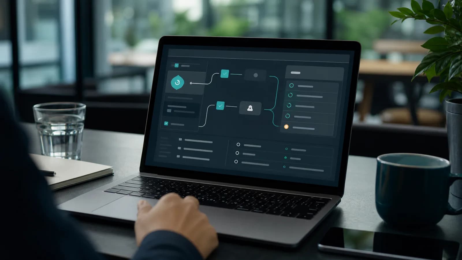 Laptop toont abstracte AI-routing met reviewstap en auditlog.