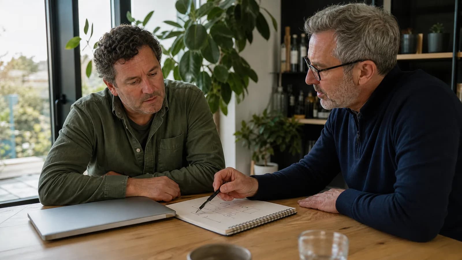 Ondernemer bespreekt AI-kosten en kwaliteit met adviseur.
