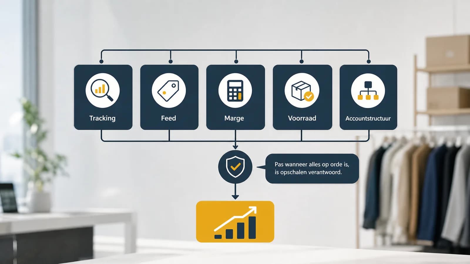 Diagram met vijf controles voordat een webshop Google Ads budget verhoogt