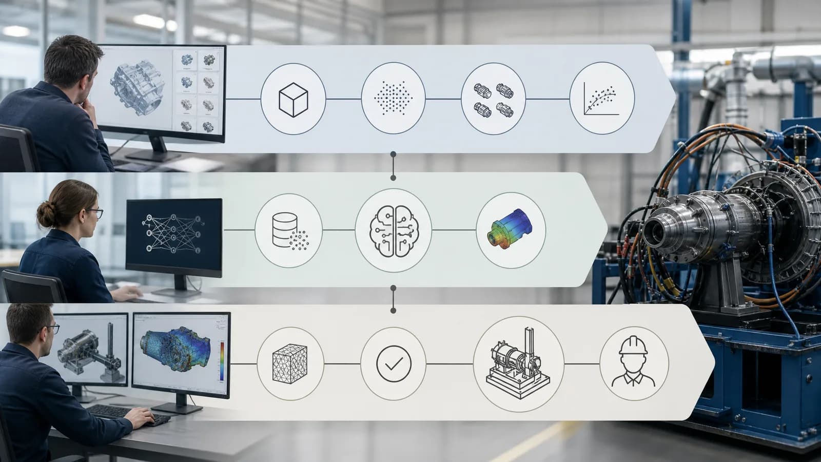 Procesdiagram waarin AI vroege ontwerpverkenning ondersteunt en simulatie later volgt