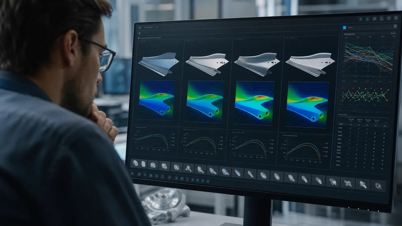 Engineer vergelijkt ontwerpvarianten met AI-voorspellingen voor aerodynamica